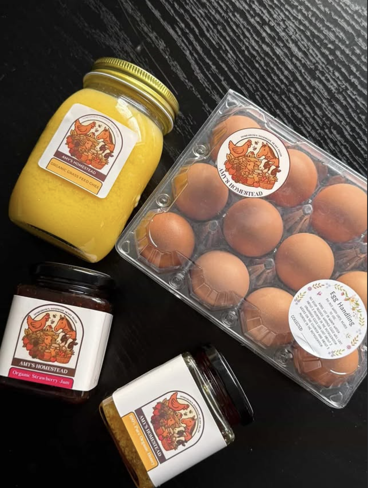A basket of homestead produce — eggs, jams, and bath milk